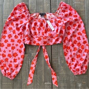 New! Sanctuary Going Solo Floral Tie-back Top In Cherry Kiss Size Medium